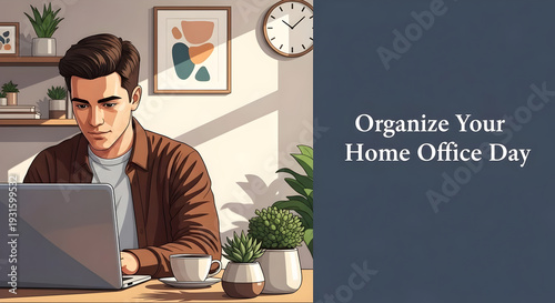 Young Man Working on Laptop in Organized Home Office with Indoor Plants – Organize Your Home Office Day Productivity Illustration