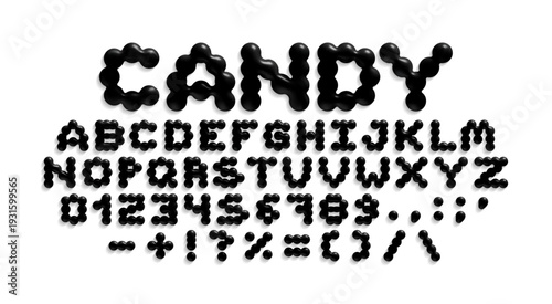 Candy 3D bubble font with black inflated balloon alphabet, numbers and symbols in glossy style. Vector set