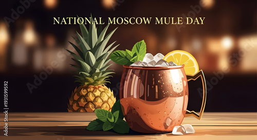 Moscow Mule Cocktail with Lemon and Mint in Copper Mug on Wooden Table – National Moscow Mule Day Celebration Illustration