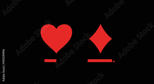 Minimalist red playing card suit icons, heart and diamond, displayed on a solid black background, perfect for gaming or casino themes.