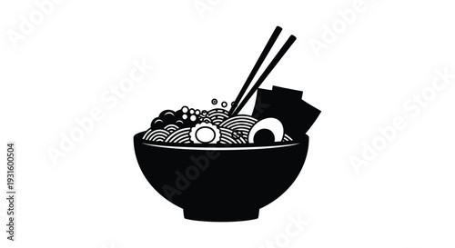 Black and white illustration of a bowl of ramen with chopsticks