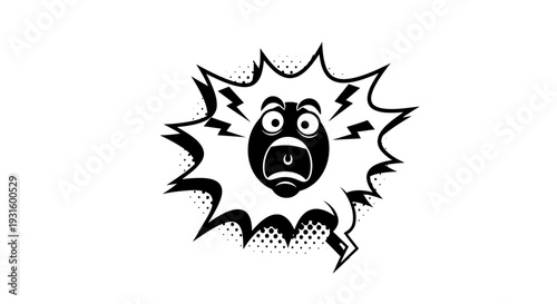 Comic style black and white illustration of a shocked face bursting out.