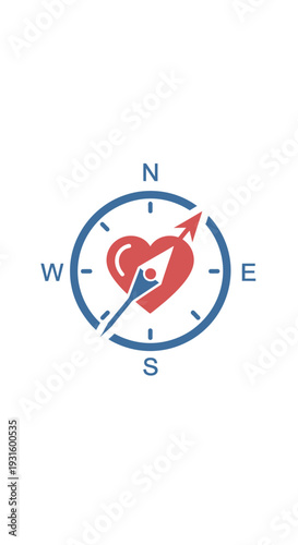 Compass with Red Heart Symbol and Directional Arrow on Isolated White Background