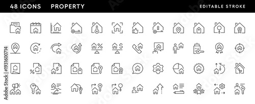 Property icon collection. Real estate, relator, mortgage, house loan, house rent, rent cost, ownership and more. Editable stroke. Pixel Perfect. Grid base 32 x 32.
