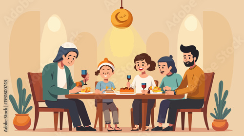 Jewish family gathers for a festive meal at home, sharing food and drinks