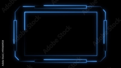 Futuristic Neon Blue Digital Frame with Copy Space and Geometric Accents on animated Black Background, Neon blue line glowing rectangle frame on black background, Digital frame animation video.
