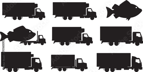 Black silhouettes of trucks and fish on white background
