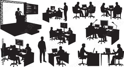 Silhouettes of businesspeople working in office settings and presenting