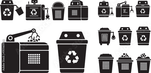 Recycling symbols and trash cans in black and white