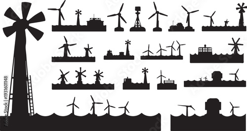 Wind turbines and industrial silhouettes on white background illustration