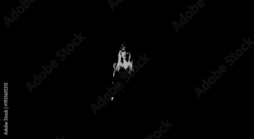 Dramatic silhouette of a mysterious woman posing elegantly against a deep black background.