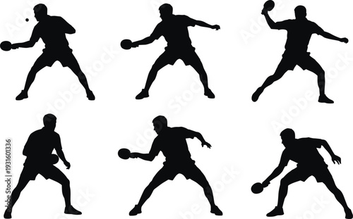 Black silhouettes of table tennis players in multiple dynamic poses with paddles and balls highlighting diverse gameplay actions and techniques.