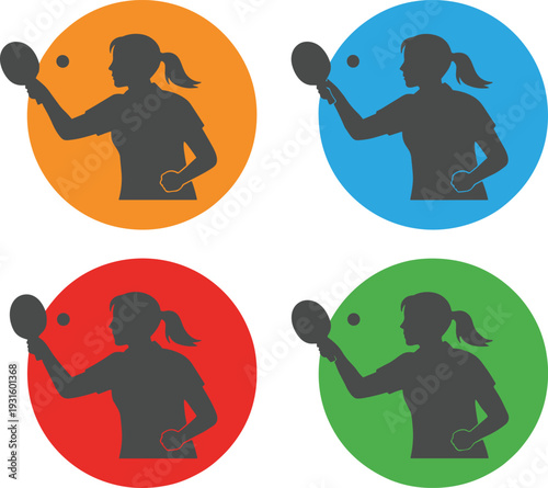 Colorful circular icons of female table tennis player silhouettes with paddles and ball, dynamic sports vector design for competition illustration