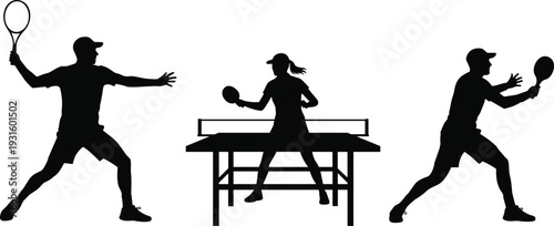 Dynamic silhouettes of tennis and table tennis players in action, showcasing racket sports comparison, athletic posture, energy, and competitive spirit.