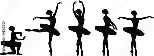 Elegant ballet dancer silhouettes in graceful poses wearing tutus, showcasing classical dance movement, artistic posture, and expressive performance illustration