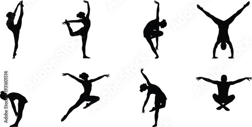 Elegant silhouettes of dancers and gymnasts performing dynamic poses, showcasing flexibility, balance, artistic movement, fitness, and expressive human motion.