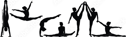 Gymnast and dancer silhouettes performing dynamic poses showcasing flexibility, balance, strength, expressive movement, artistic posture, and athletic performance illustration