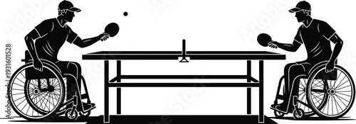 Inclusive wheelchair athletes playing competitive table tennis illustration, accessibility in sports, disability empowerment, adaptive recreation, diversity, equality, participation