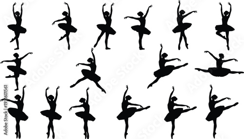 Isometric vector illustration of ballet dancer silhouettes in classical poses with highlighted figure, artistic grid arrangement, elegant performance design