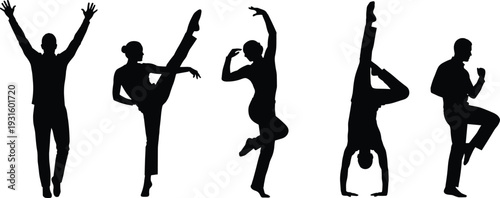 Vector silhouettes of people in expressive dynamic poses, dance, martial arts, gymnastics, fitness, action stances for creative design projects