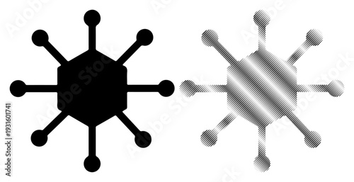 Abstract hexagonal shapes with radiating nodes representing microscopic structures or viruses.