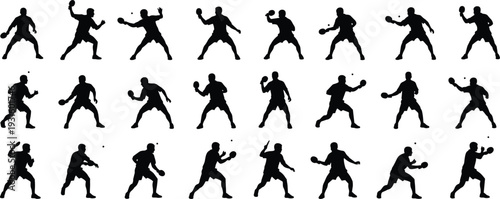 Vector silhouettes of table tennis players in dynamic action poses, serving, hitting, striking, training, sports illustration for athletic design projects