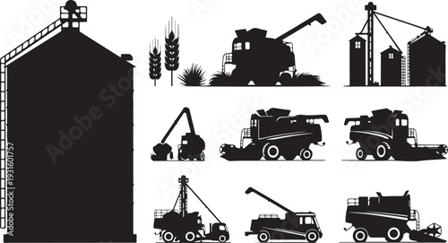 Black silhouettes of farm machinery and buildings illustration set