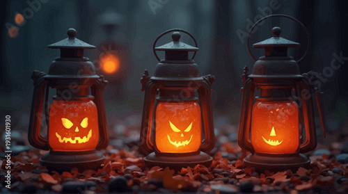 Three glowing Halloween lanterns with carved jack-o'-lantern faces sit among autumn leaves at night.