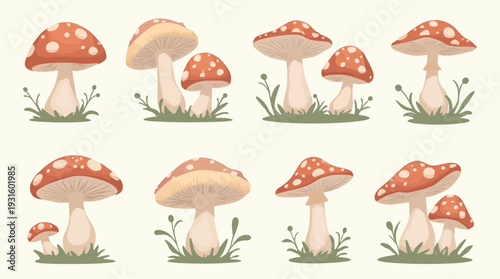 Collection of cute spotted toadstool mushroom illustrations with green grass elements