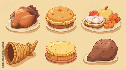 Hearty traditional foods and a cornucopia symbolize the abundant autumn harvest season.