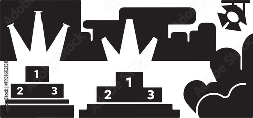 Black and white illustration of podiums with crowns and symbols