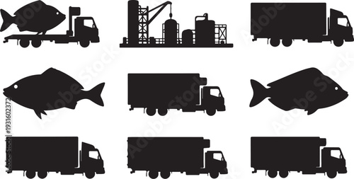 Black silhouettes of trucks and fish on white background