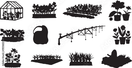 Black silhouettes of gardening tools and plants icons set