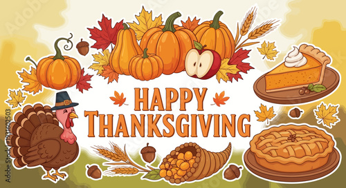 Happy Thanksgiving celebration with food.