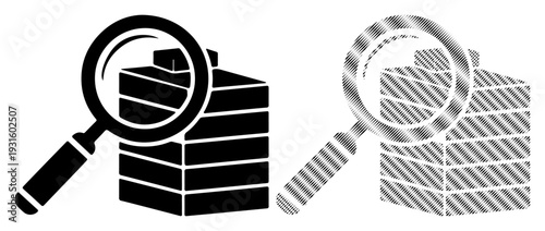 Magnifying glass examines stacked documents, symbolizing analysis and research.
