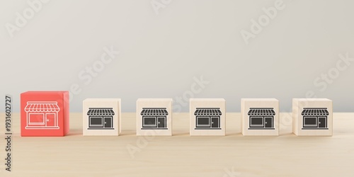 Fotografía Row or line of wooden cubes with store icons, red one at the beginning on table