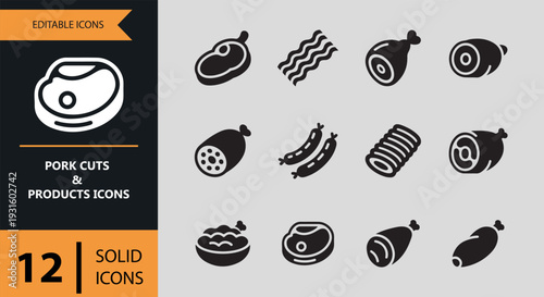 Pork Cuts And Products Solid Butcher Branding Icons