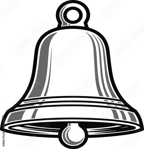 A large metallic bell with a clapper and a loop at the
