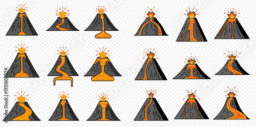 Set of various cartoon volcanoes with flowing lava, isolated on transparent background, representing natural disaster and geological activity.