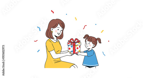 Vector illustration of woman and girl exchanging gift