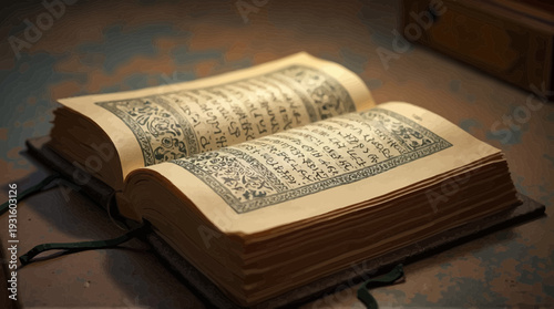 An ancient religious text with ornate calligraphy and decorative pages lies open on a dark surface.