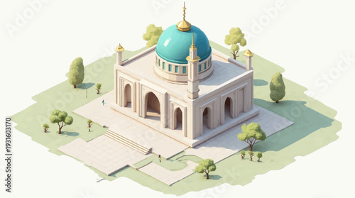 Isometric illustration of a serene mosque with a turquoise dome in a green garden setting.