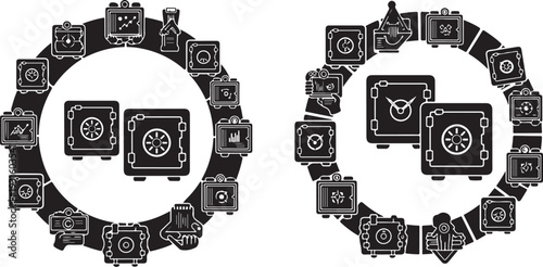 Black and white illustration of clock surrounded by cameras