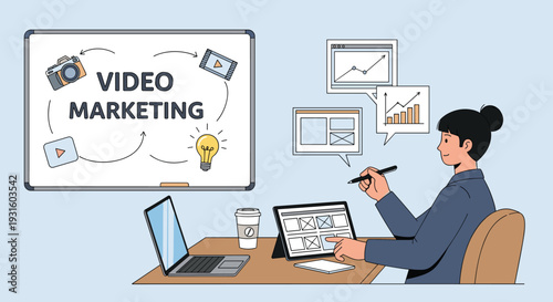 Woman Creating Video Marketing Content Illustration.