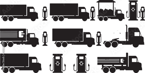 Black silhouettes of trucks and gas pumps illustration set