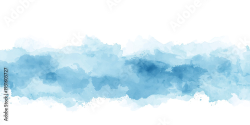 An abstract blue watercolor background illustration featuring fluffy white clouds and a bright summer sky creates a beautiful nature-inspired atmosphere with a clear light and airy feel