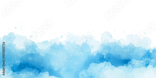 An abstract blue watercolor texture evokes a bright summer cloudscape with fluffy white clouds and golden sunlight flowing through a clear heaven landscape