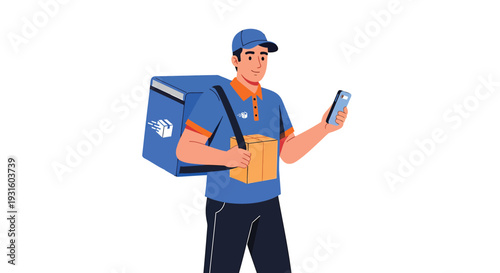 Vector illustration of a delivery man with a backpack and phone