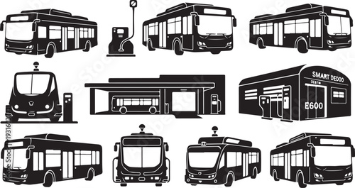 Black and white illustration of various buses and stations