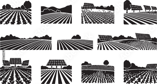 Solar panels in a rural landscape with fields and trees